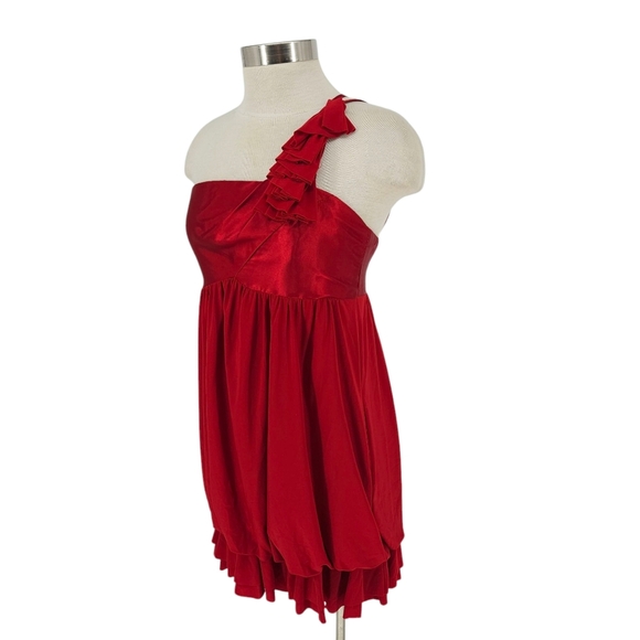 Jessica McClintock Bubble Dress Red One Shoulder Ruffle Satin Knit 10 - Picture 4 of 11